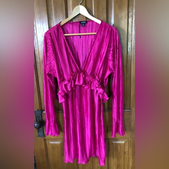 Pink Long Sleeve Dress with Ruffle Detail - Picture 1 of 12